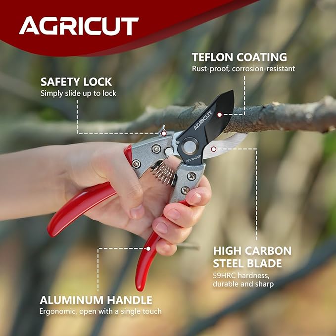 AGRICUT Pruning Shears and Holster - Garden Shears 1 Inch Cut Capacity High Carbon Steel with Pruner Sheath Bypass Garden Scissors Heavy Duty