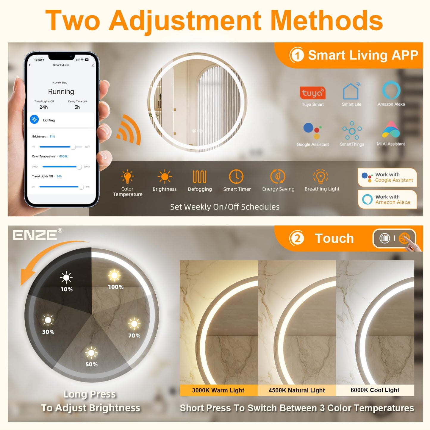 ENZE 24 Inch Round Bathroom Mirror with Lights, Circle LED Mirror, Wall Mounted Lighted Bathroom with 3 Colors,Anti-Fog, Dimmable, Shatter-Proof,Touch Sensor &APP WiFi & Voice Control (Alexa/Google)