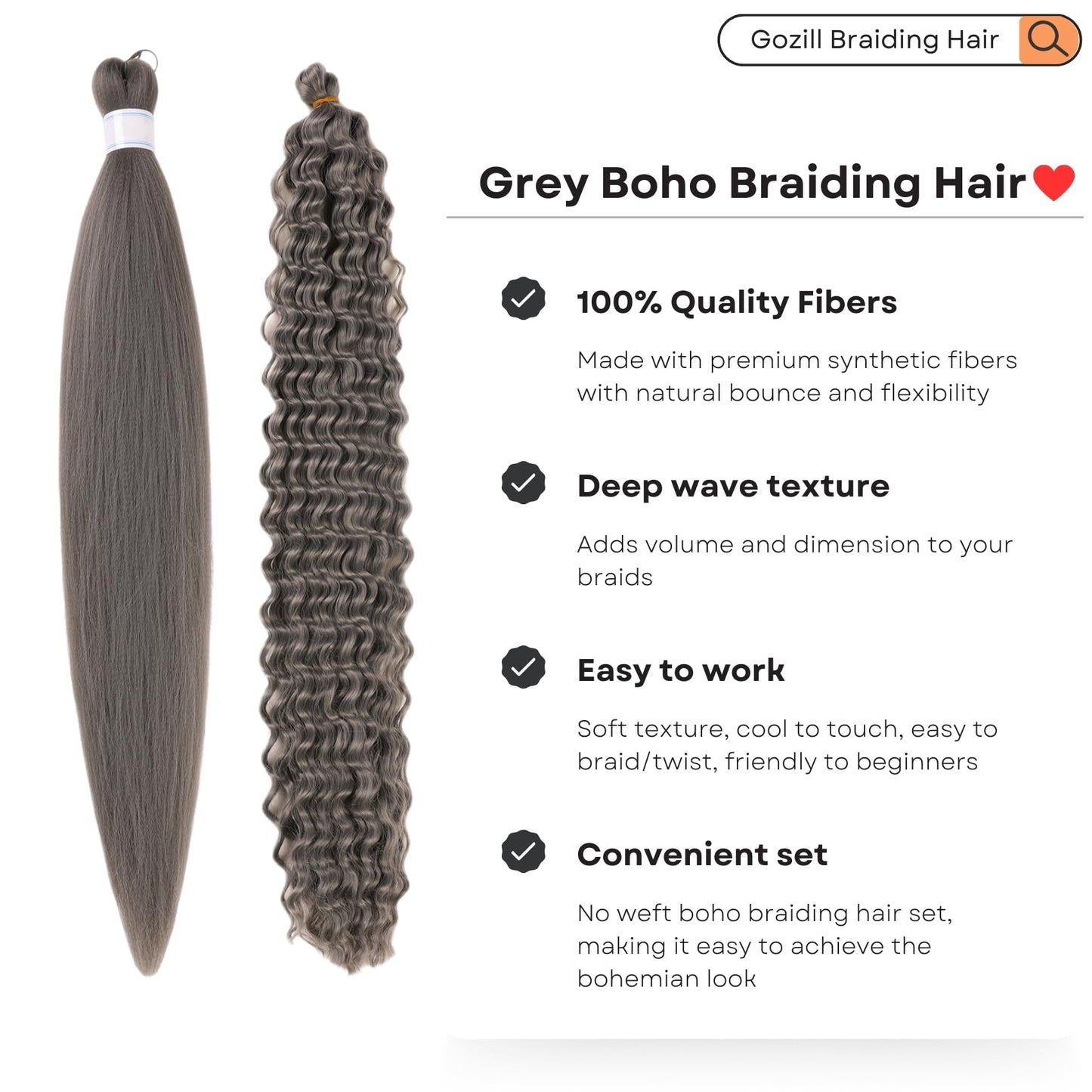 Dark Grey Braiding Hair Pre Stretched Knotless Braiding Hair for Boho Braids(6 Packs)