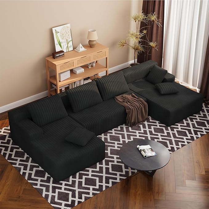 LAUSAINT HOME 132" Modular Sectional Sofa Couches, U-Shaped Boneless Cloud Sofa with 4 Deep Seat, 6 Cushiones Oversized Chaise for Living Room, Bedroom, Plush Corduroy Fabric (U Shaped Sofa, Black)