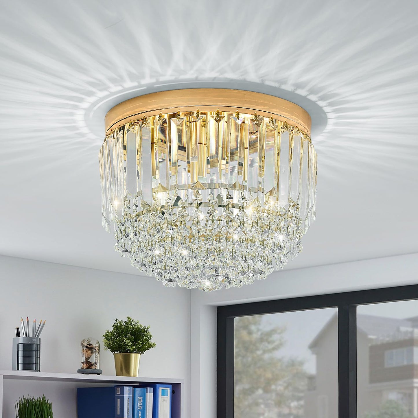 YMP&YZX Modern 3-Lights Crystal Chandelier French Gold,11.8" Semi Flush Mount Crystal Ceiling Light LED Round Chandelier Light E12 Base for Bedroom Living Room
