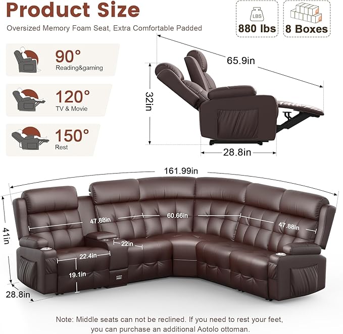 Aotolo Reclining Sectional Couches for Living Room, L Shaped Large Sectional Reliner Sofa, Faux Leather Couch, Home Theater Seating with Console, Recliner Couch & Sofa