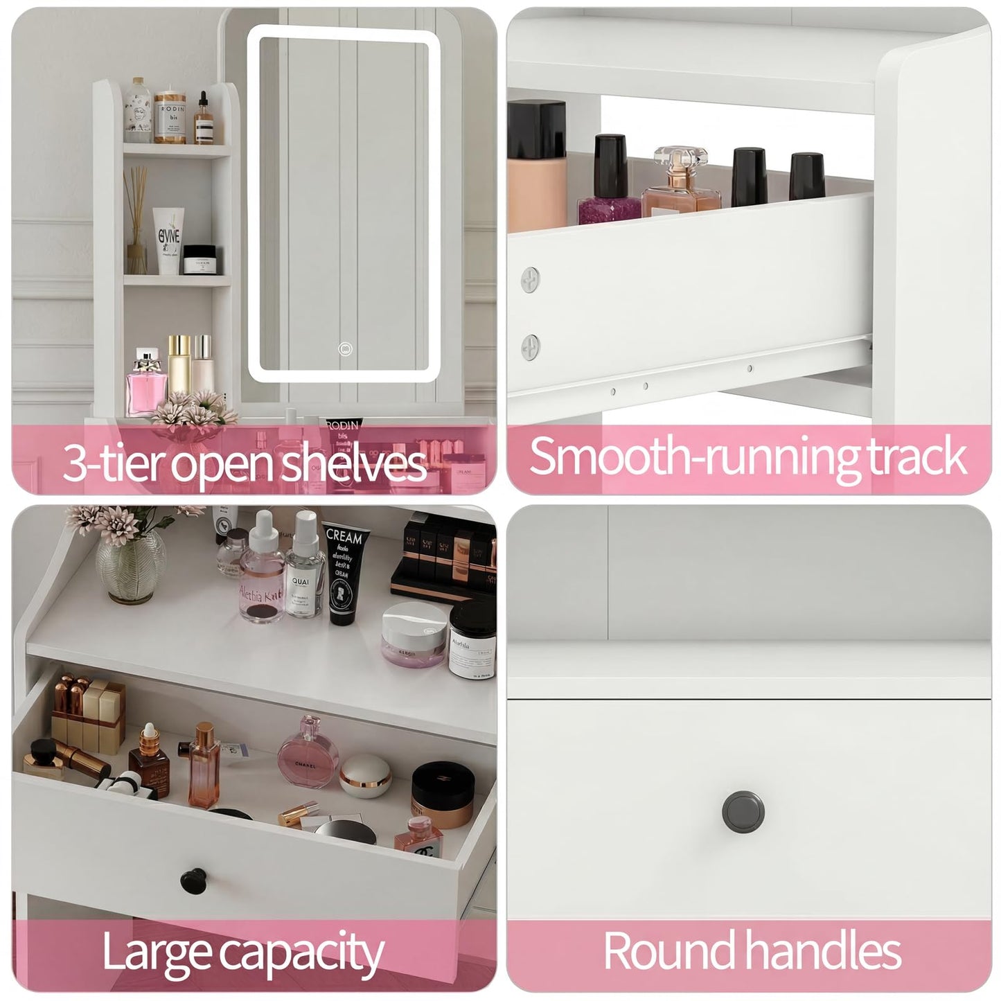 HAPPYMONT Small Vanity Desk with Charging Hub and Hair-Dryer Holder, Make up Mirror and Light Stepless Dimmable, Bedroom Dressing Table for Makeup, White