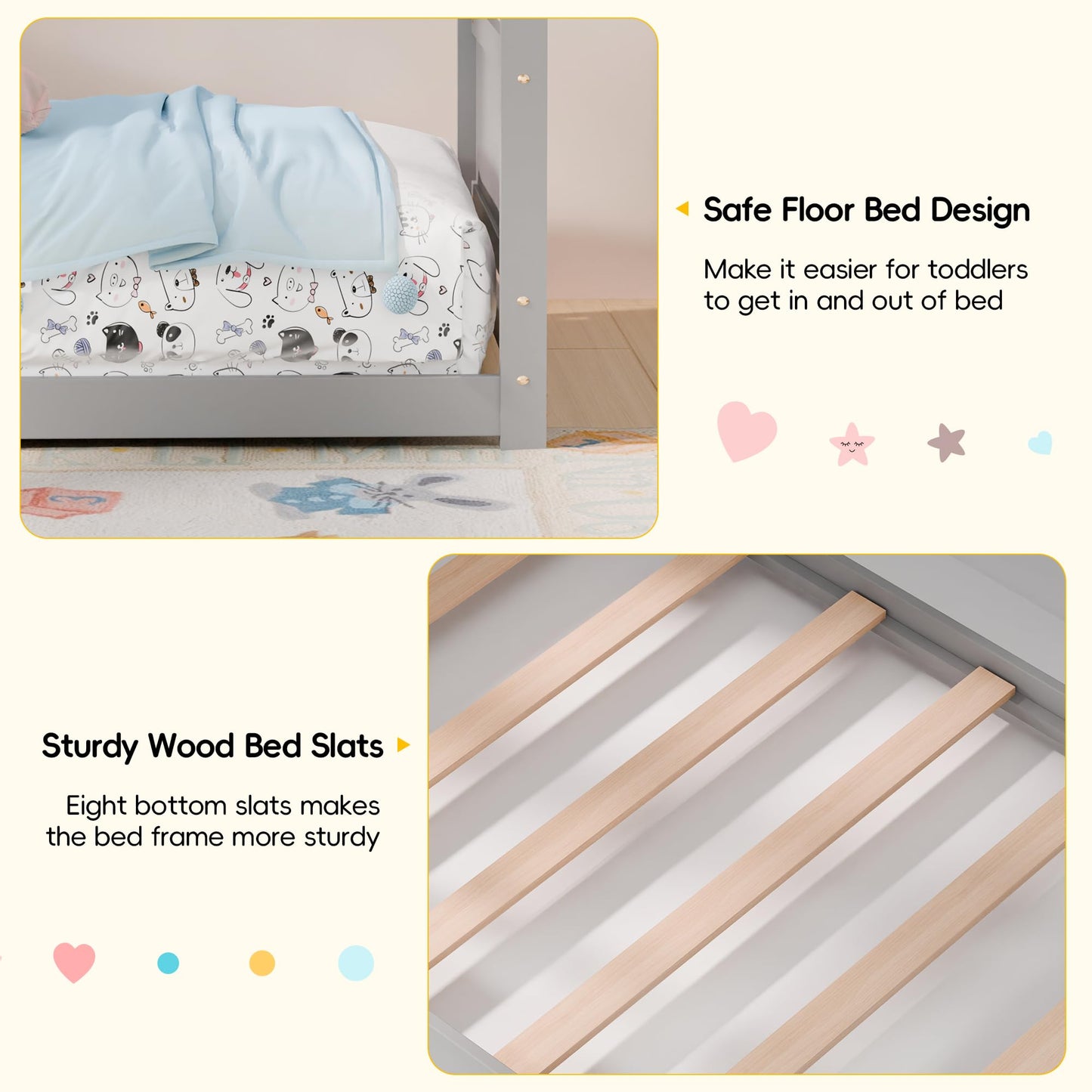 Redpick Twin House Bed, Montessori Floor Bed with Headboard & Footboard, Solid Wood Bed Frame for Toddlers Teens Bedroom, No Box Spring Needed, Grey