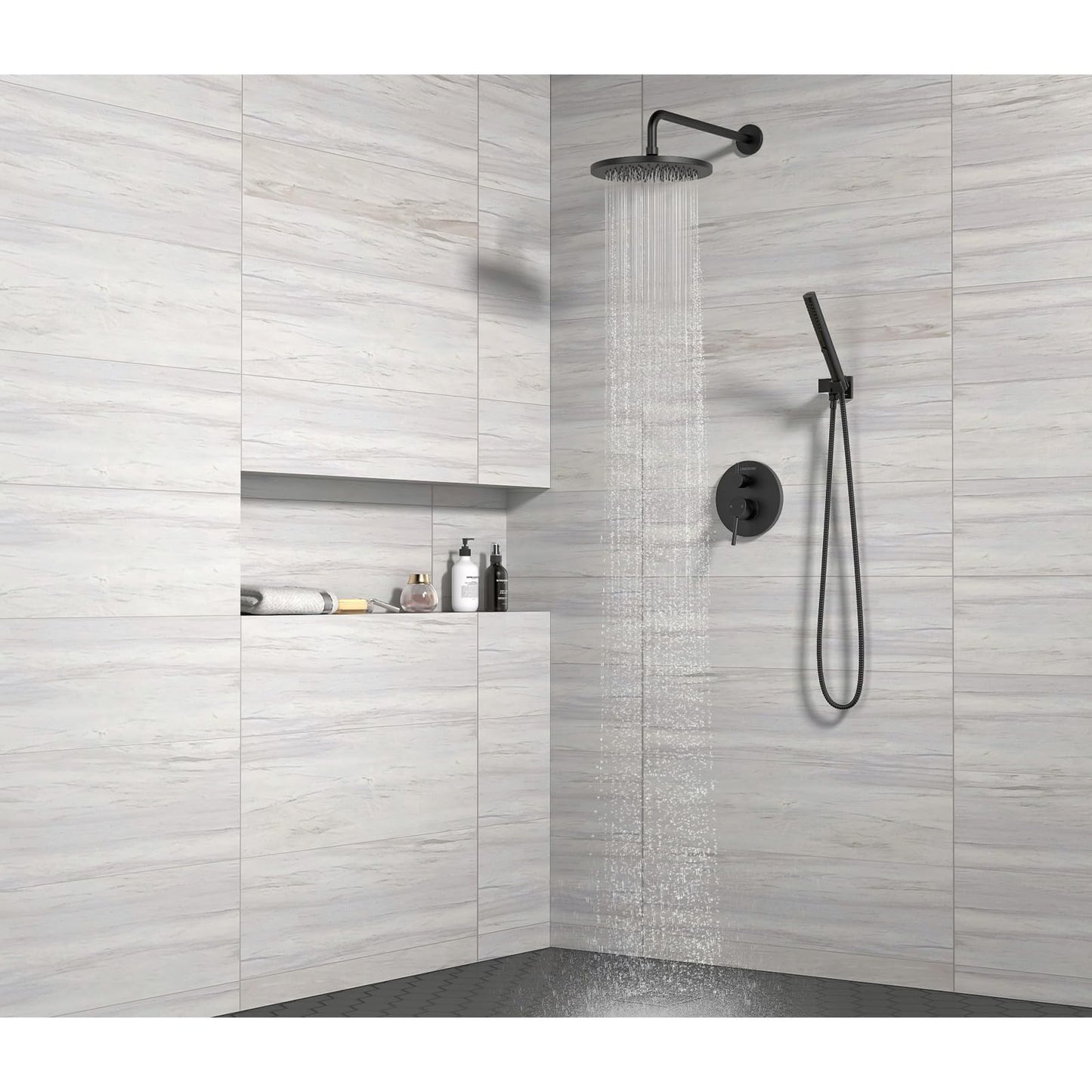 Lava Odoro Modern 2-Setting Round Rain Shower System with Handheld, Matte Black Rainfall Shower Faucet Set Rain Shower Head and Handle Set, Shower Valve Trim Kit, 10 Inch, Matte Black, SF104-MB
