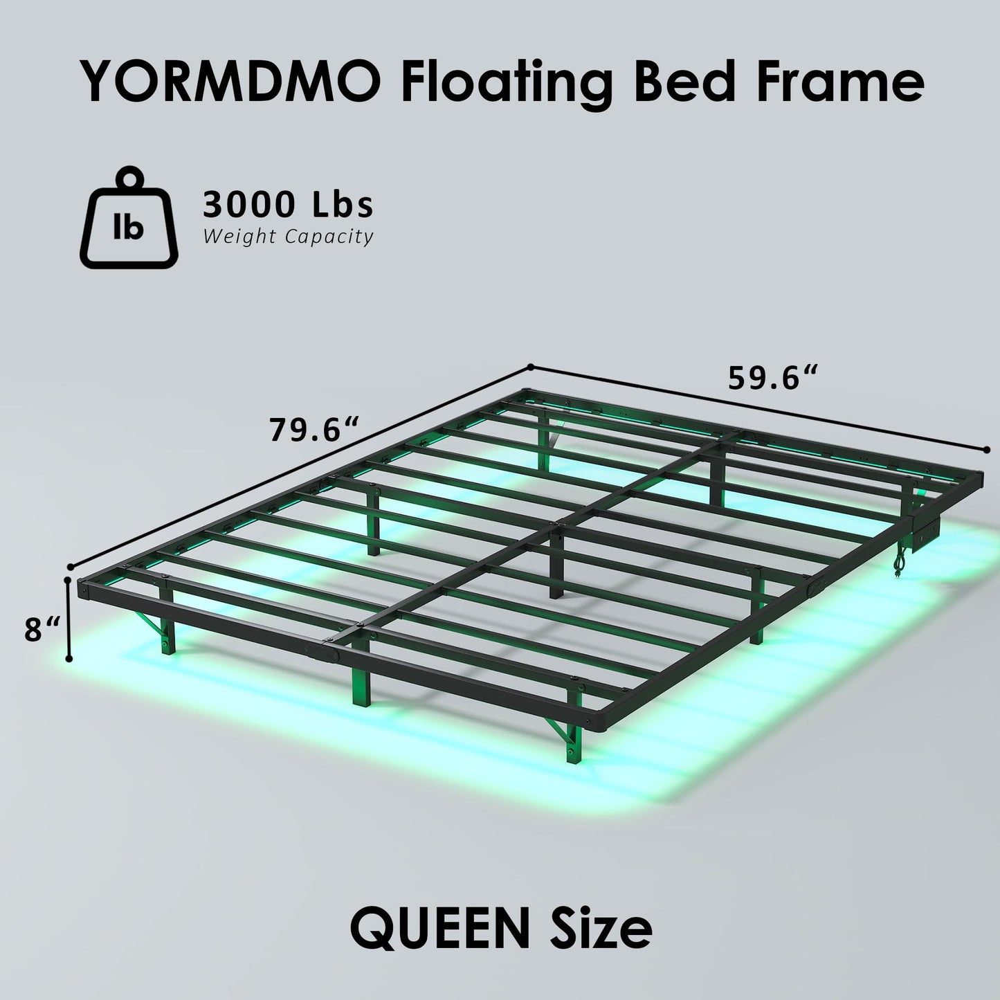 YORMDMO Floating Bed Frame Queen Size, Heavy Duty Bedframe with Smart LED Lights & Charging Station, Modern Metal Platform Bed, Easy Assembly No Box Spring Needed, 8 Inch