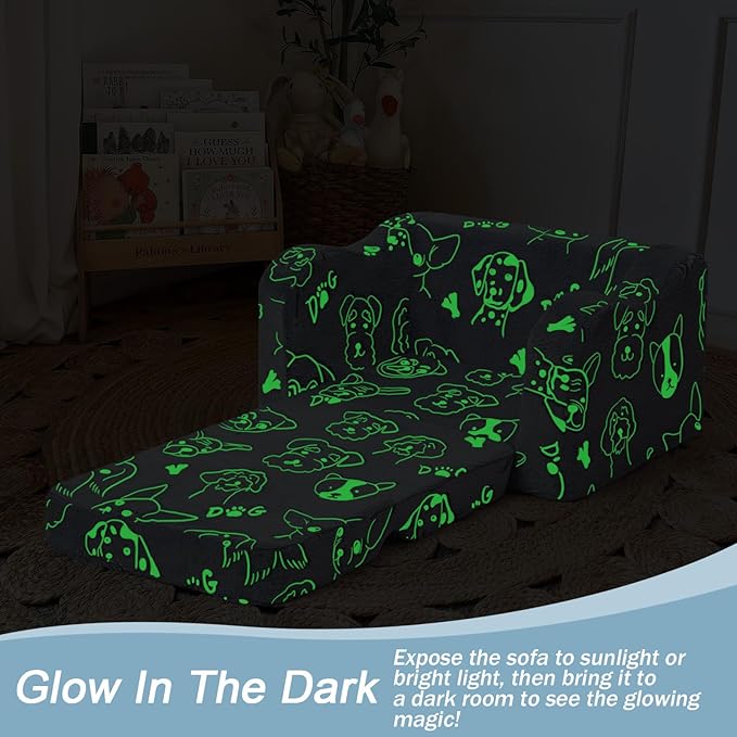 MeMoreCool Glow-in-The-Dark Toddler Sofa Bed – 2-in-1 Convertible Chair & Nap Lounger, Dog Print, Lightweight, Washable for Kids Room | Plush Foam Comfort | Portable Playroom Couch