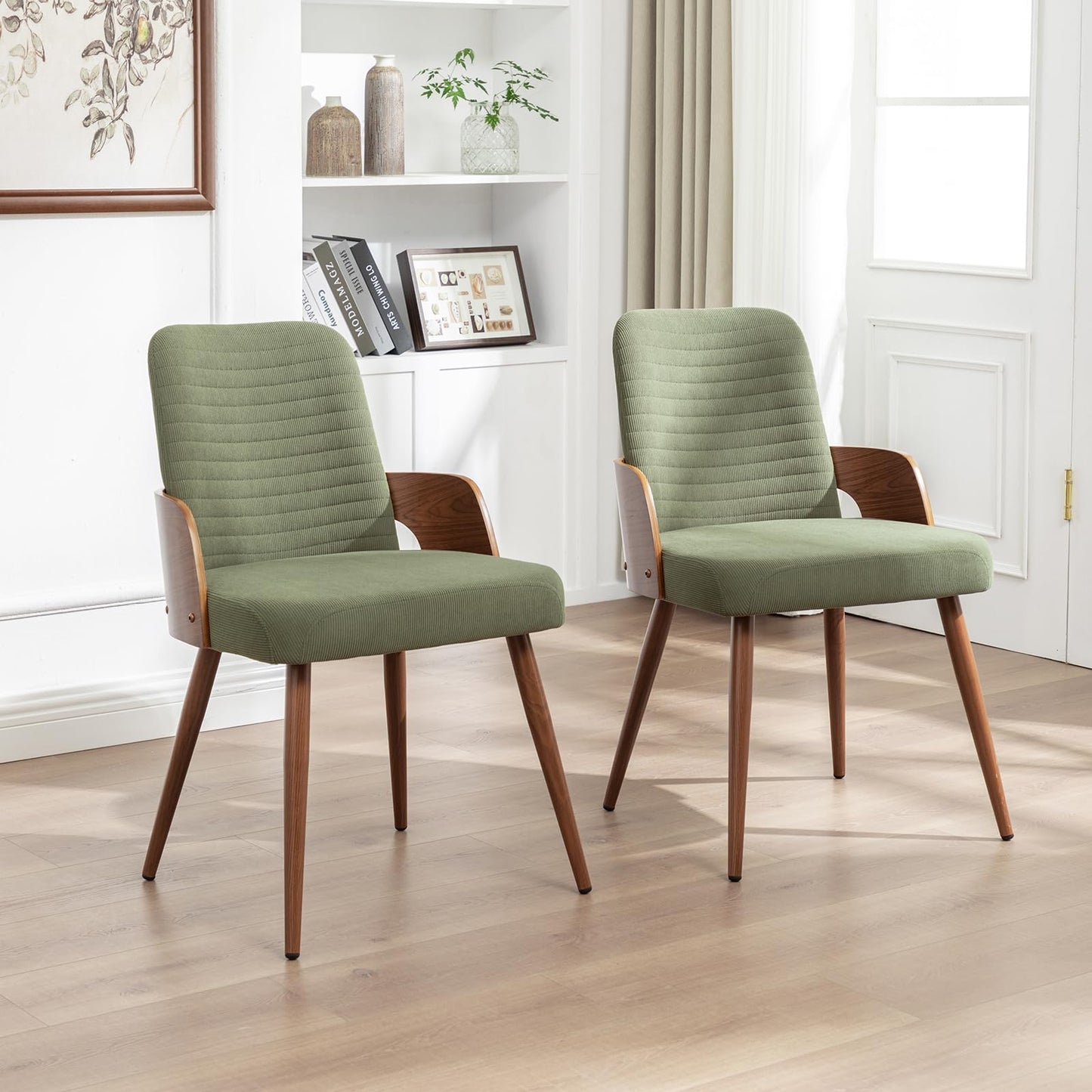 YOUUGIOR Dining Room Chairs Set of 2,Mid Century Modern Kitchen Chairs,Green Corduroy Fabric Upholstered Accent Chairs,Metal Legs Wooden Desk Chairs,Armless and No Wheels for Kitchen Dining Room