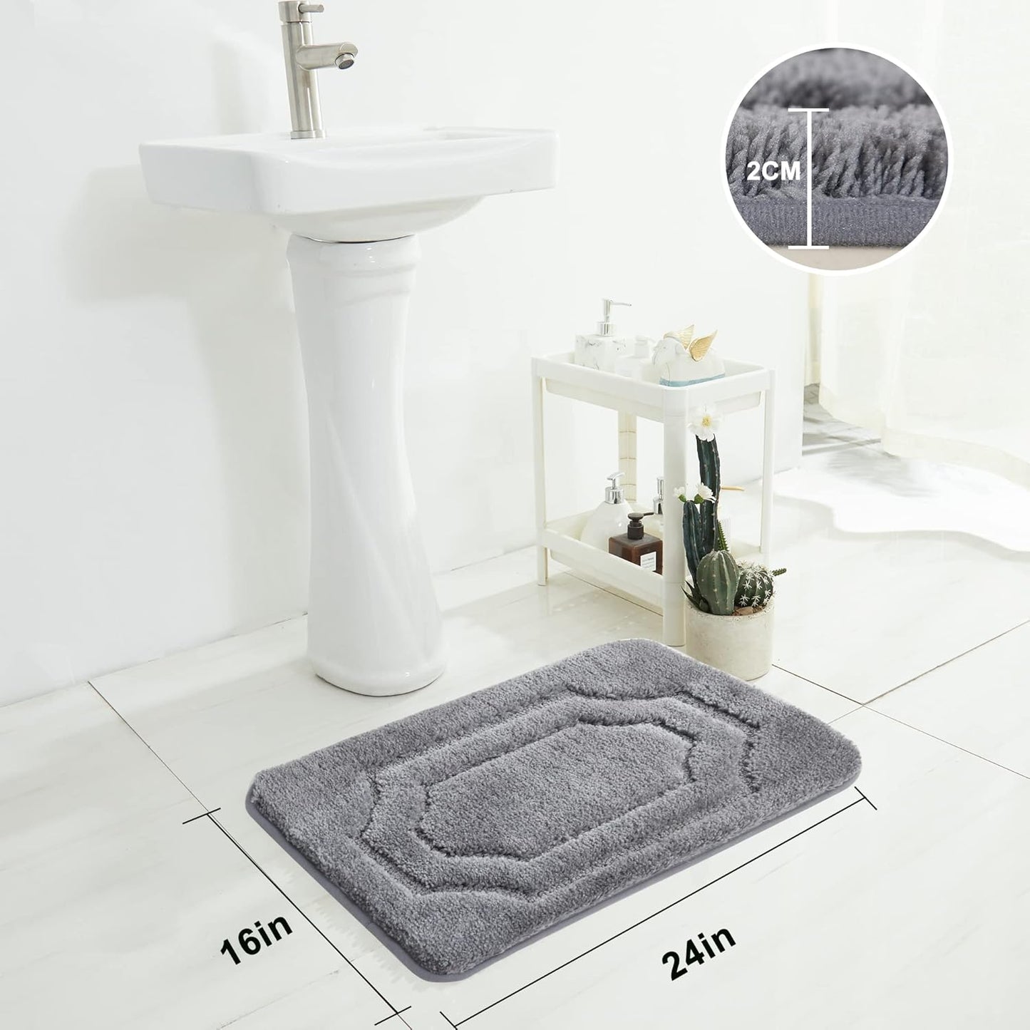 BEQHAUSE-Bathroom-Rugs-Soft& Absorbent-Non-Slip-Bath Mats for Bathroom Polyester Bath Mat Machine Washable Baths Carpet Grey Thick Shower Mat for Bathrooms, Bathtub and Sink 16"x24"