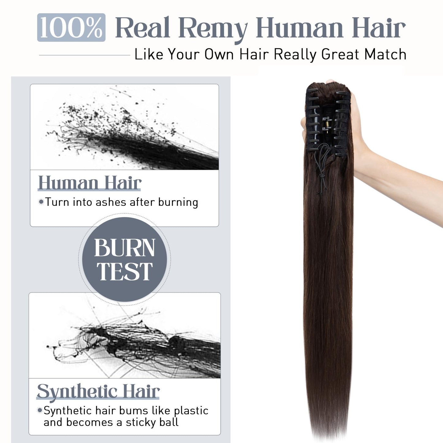Rich Choices Claw Clip Ponytail Extension Human Hair Real Hair Ponytail Extension Balayage Dark Brown 16 Inch 105g One Piece Cli