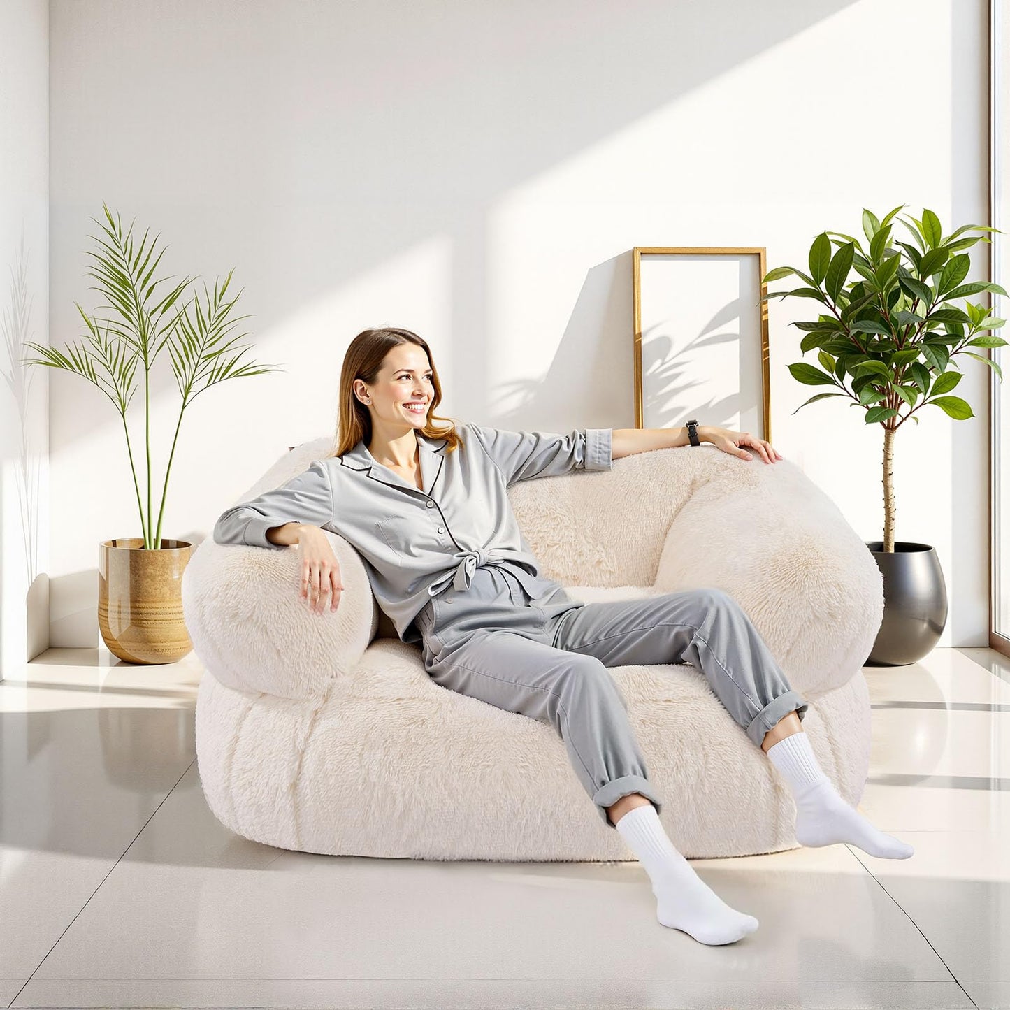VEVOR Bean Bag Chair, BeanBag Sofa Chair with Armrests for Adults, Fluffy Plush & High-Density Foam Filling Adult Bean Bag with Zapper, Comfy Lazy Sofa Chair Ideal for Living Room, Bedroom, Beige