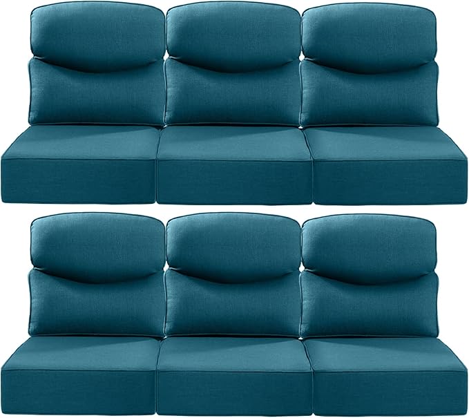 ACTREST Luxury 24x24x6 Inch Smile Patio Cushions for Outdoor Furniture Set of 6 - Thick Back & Deep Seat Outside Chair Pillows for Rattan Metal Glider Loveseat Sectional Sofa - Peacock Blue