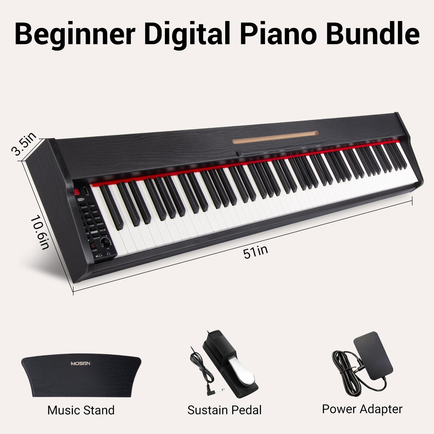 MOSEN Piano Keyboard 88 Keys, Beginner Digital Piano with 88 Key Velocity-Sensitive Keyboard Full Size, Record, Chord, Piano Stickers, Sustain Pedal, Retro Wood Finish Black