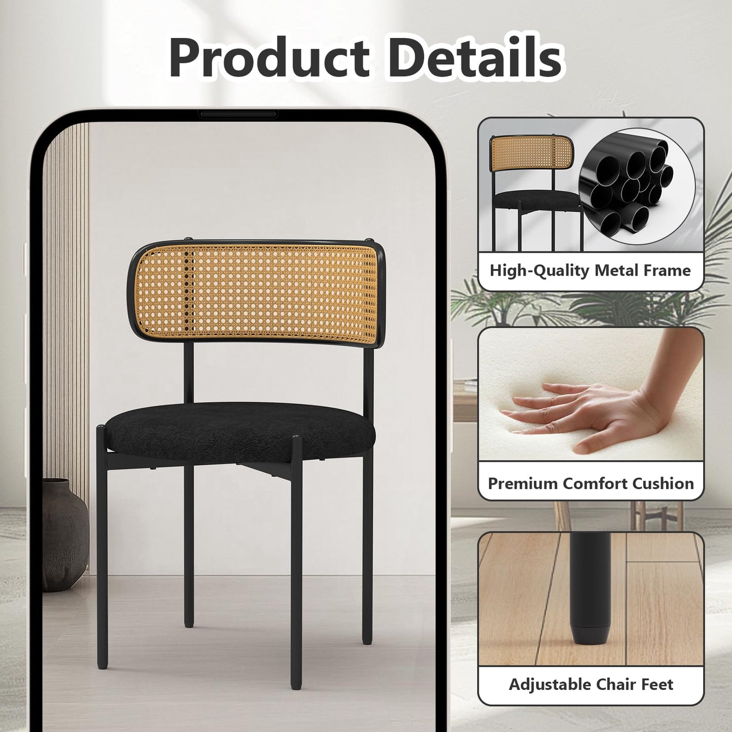 Osparple Mid Century Modern Dining Chairs Set of 4 with Rattan Backrest,Velvet Upholstered Accent Kitchen & Dining Room Chairs with Sturdy Metal Frame,Black