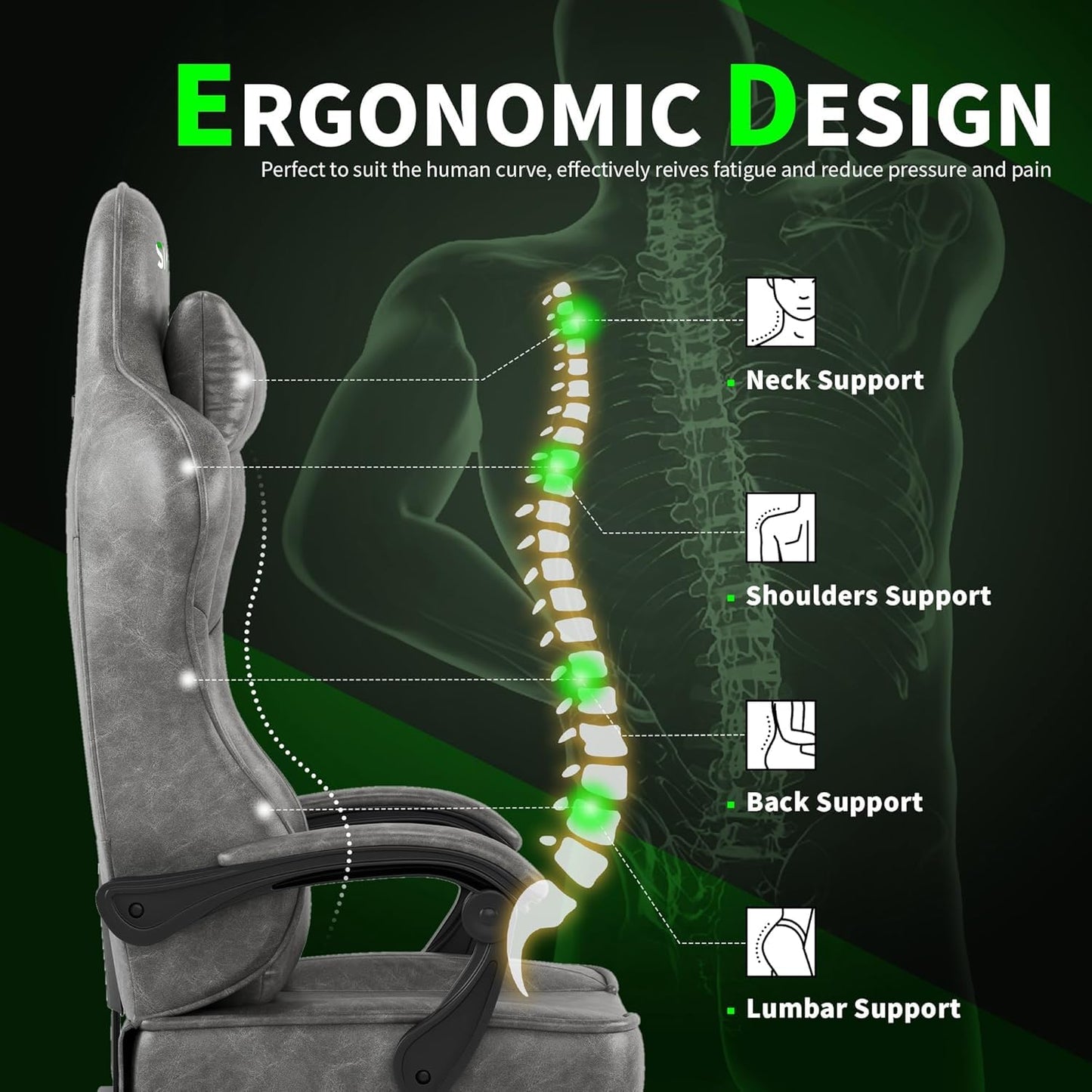Gaming Chair with Footrest- Ergonomic Gaming Chairs for Adults, Heavy Duty Big and Tall Computer Chair with Reclining Back, Lumbar Support Headrest, Comfortable Gamer Chair for Game Office Silla Gamer