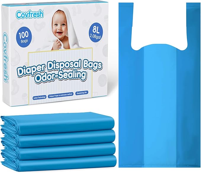 Odor Sealing Disposable Diaper Bags with Tie Handle, 100 count, Large Capacity, Unscented & Durable Diaper Trash Bags for Home & Baby Travel Use (Color:Blue)