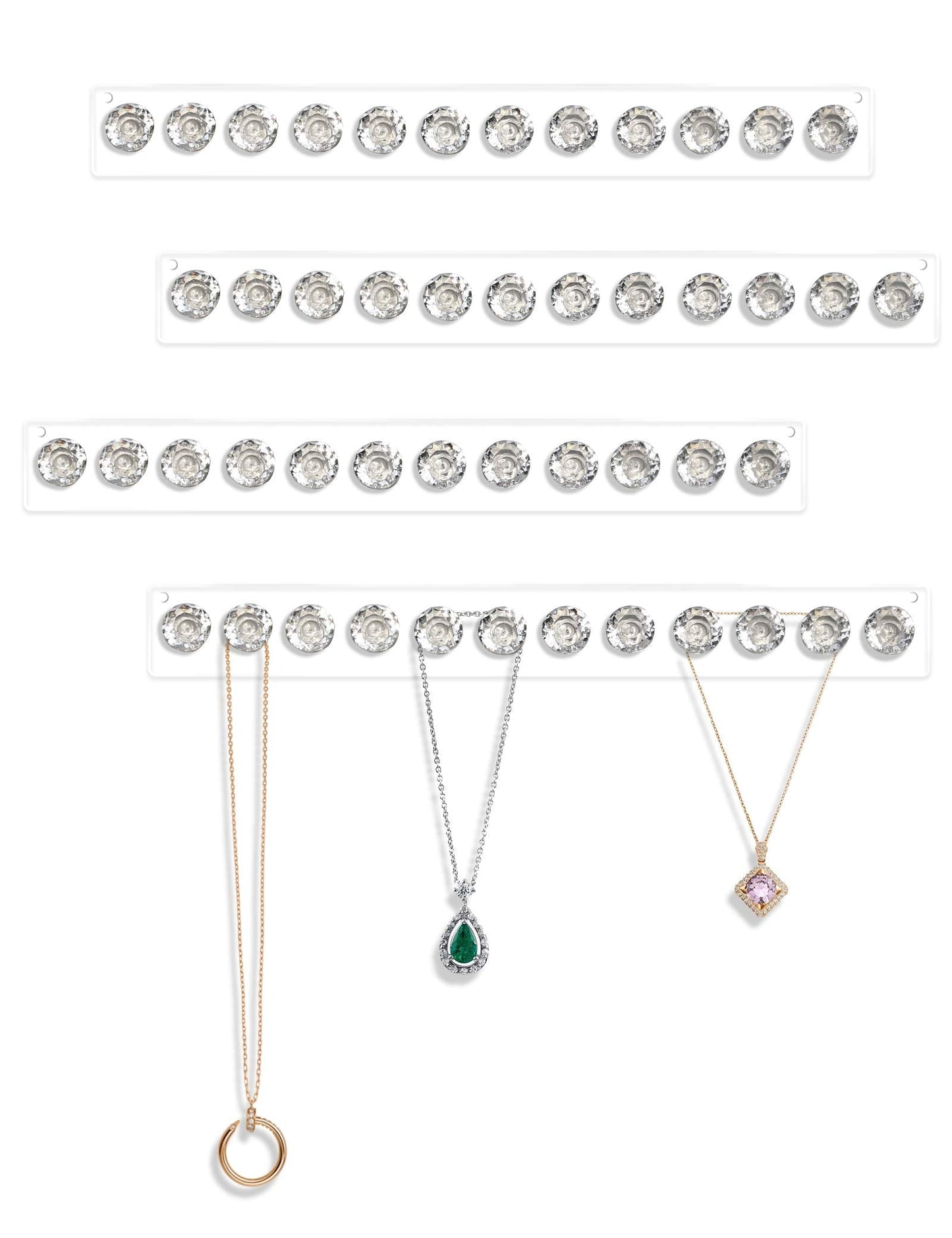Mymazn 4 Pack Acrylic Necklaces Holder Hanging Jewelry Organizer Wall Mounted Necklace Hangers with 12 Hooks, Clear Jewelry Hang