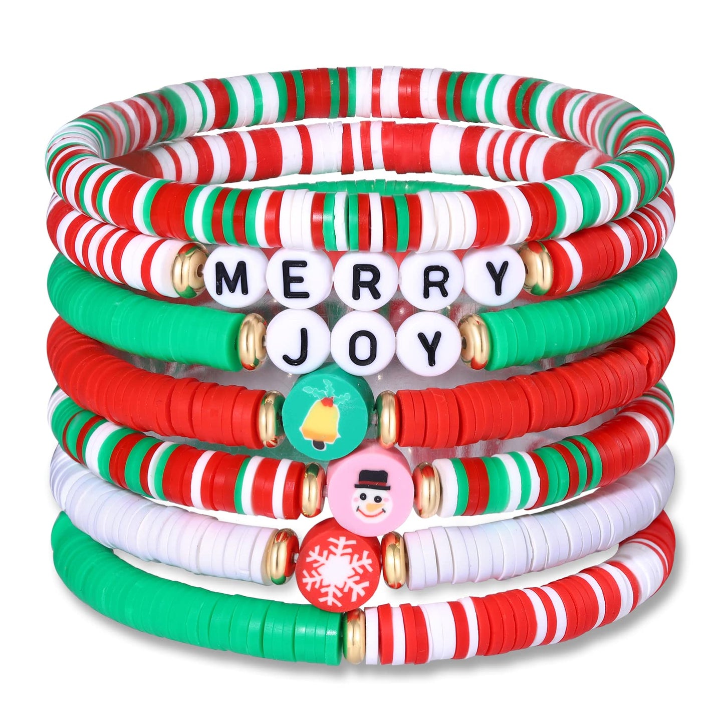 FAERLIIRY Christmas Beaded Bracelets Heishi Surfer Bracelets for Women MERRY JOY Xmas Polymer Clay Stretch Bracelets Stackable D