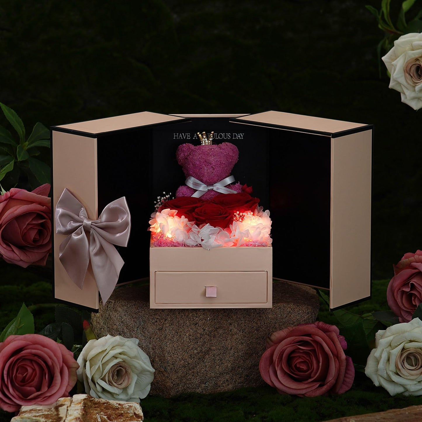 ADDWel Mom Birthday Gifts from Daughter or Son – Preserved Real Rose with Mom Necklace and Cute Moss Bear – Unique Rose Gifts for Women, Perfect for Mum, Mama, Mother on Birthday or Mother's Day