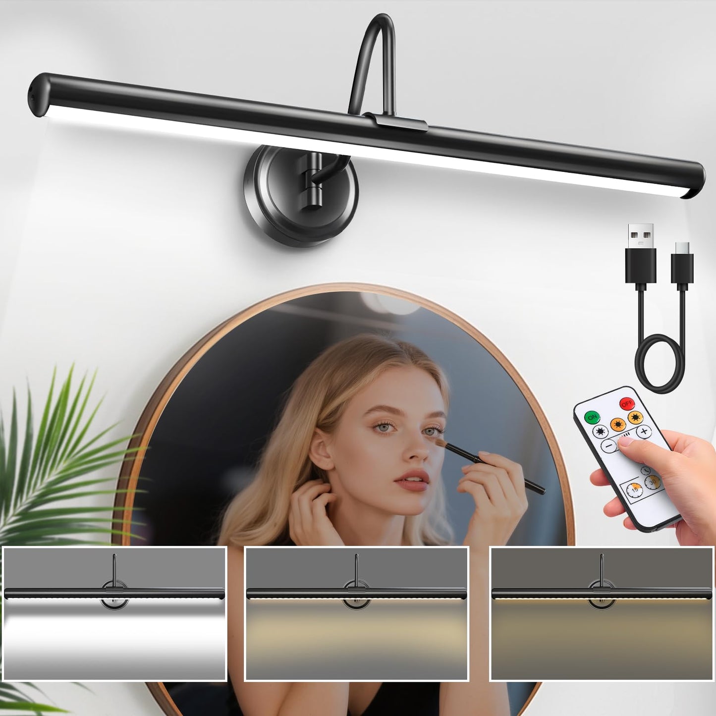 Battery Operated Vanity Light, Magnetic Mount Makeup Mirror Light Bar with Remote, Dimmable 3 Color Temp Timer, 22.8 Inch for Bathroom Bedroom Dressing Table