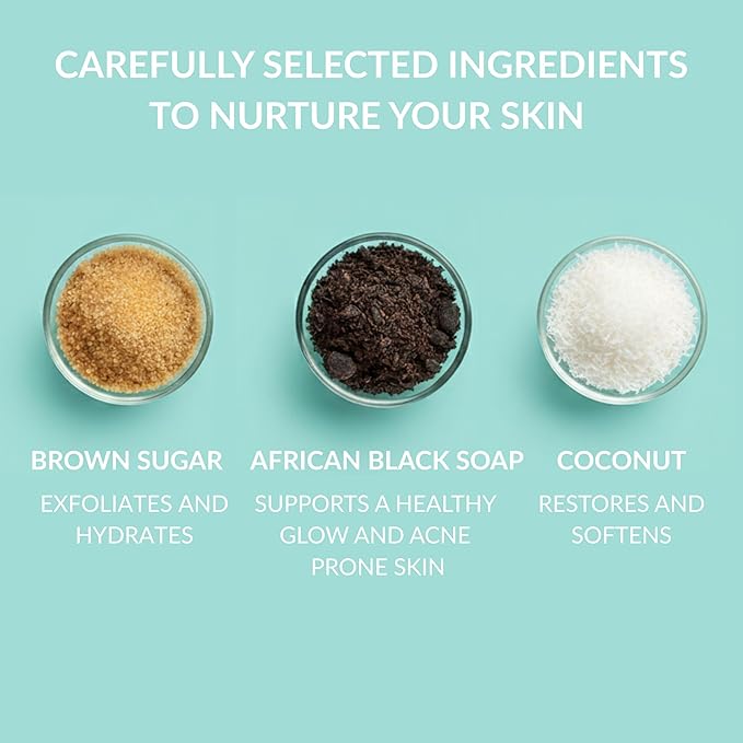 SpaScriptions Exfoliating Coconut Body Wash - 32 oz Scented Moisturizing Body Wash Scrub with African Black Soap for Smooth Glowing Skin and Brown Sugar for Gentle Hydrating Exfoliation, Paraben Free