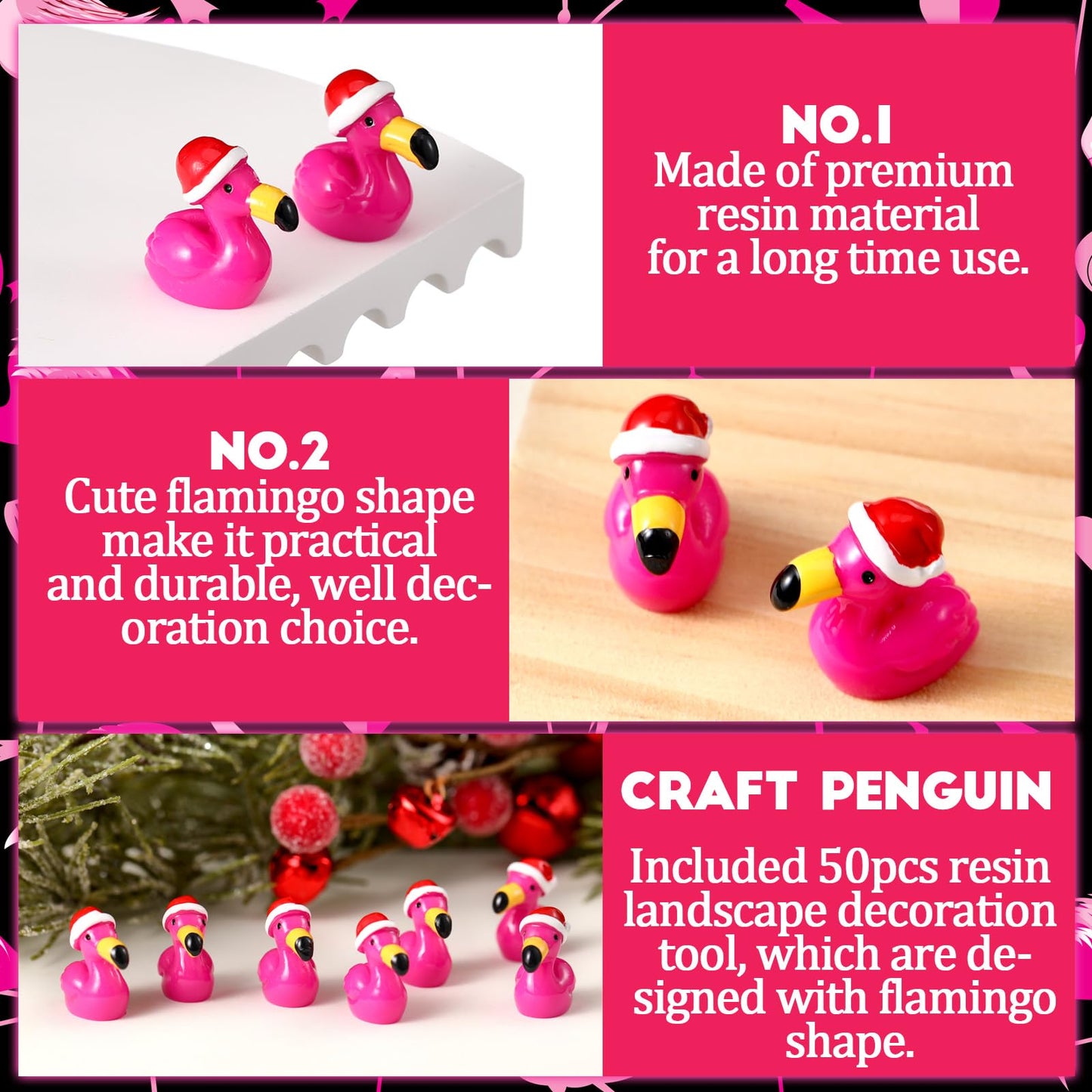 VioraWhite 100 Pcs Mini Resin Flamingos Ducks with Santa Hat Christmas Pink Flamingo Figurine Tiny Animals Set for Garden Lawn Decor DIY Craft Dollhouse Micro Landscape Aquarium Ornaments Party Gifts