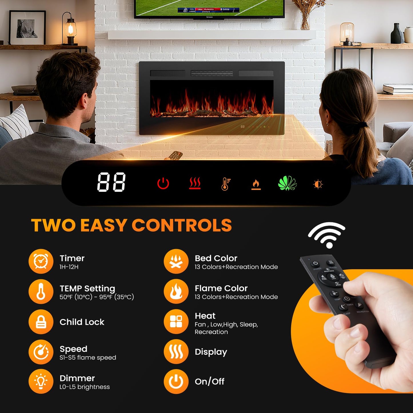 36" Electric Fireplace Insert, 1500W Wall Mounted & Recessed Fireplace Heater with Remote & Touch Screen, Adjustable Flame Color & Brightness, 12H Timer, Low Noise Electric Fireplace for Indoor Use