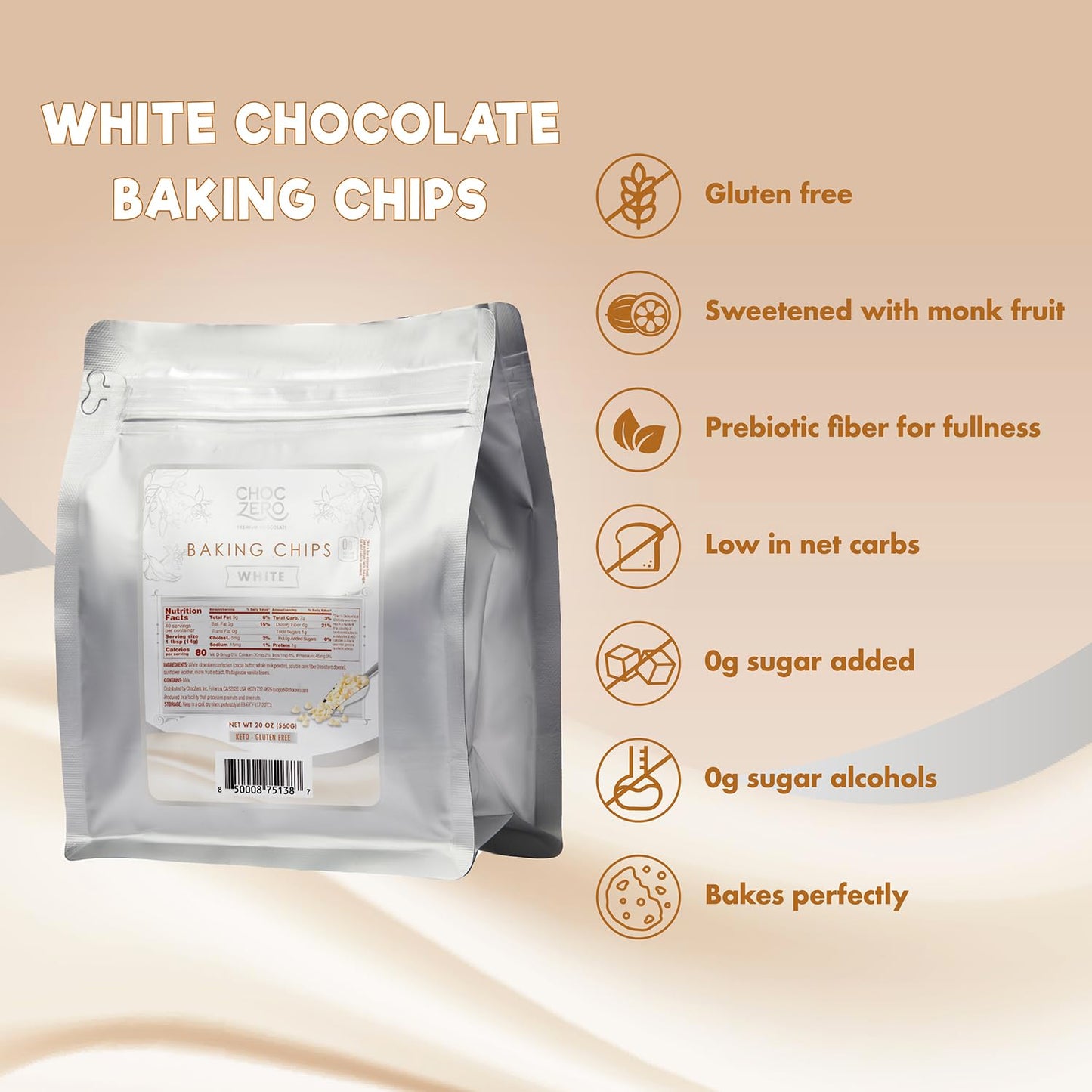 ChocZero White Chocolate Chips - Sugar Free, Low Carb, Keto Friendly, Gluten Free - 20 Ounce Bulk Bag for Baking Keto Diet Cookies and Dessert