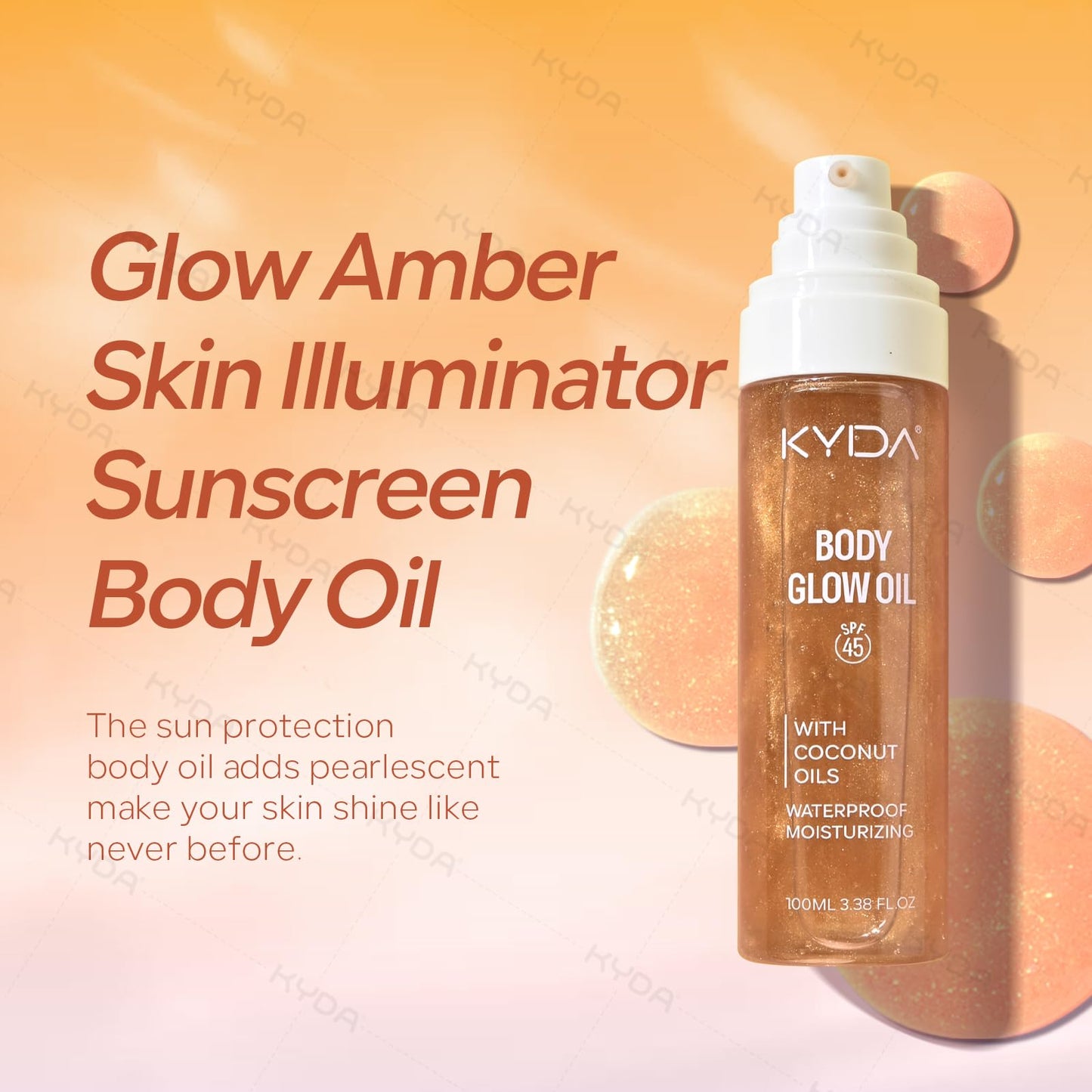 KYDA Body Glow Oil, Broad Spectrum SPF 45, Sunscreen Body Oil with Gold Mica, Sun-kissed Glow Skin Illuminator, Lightweight Non-