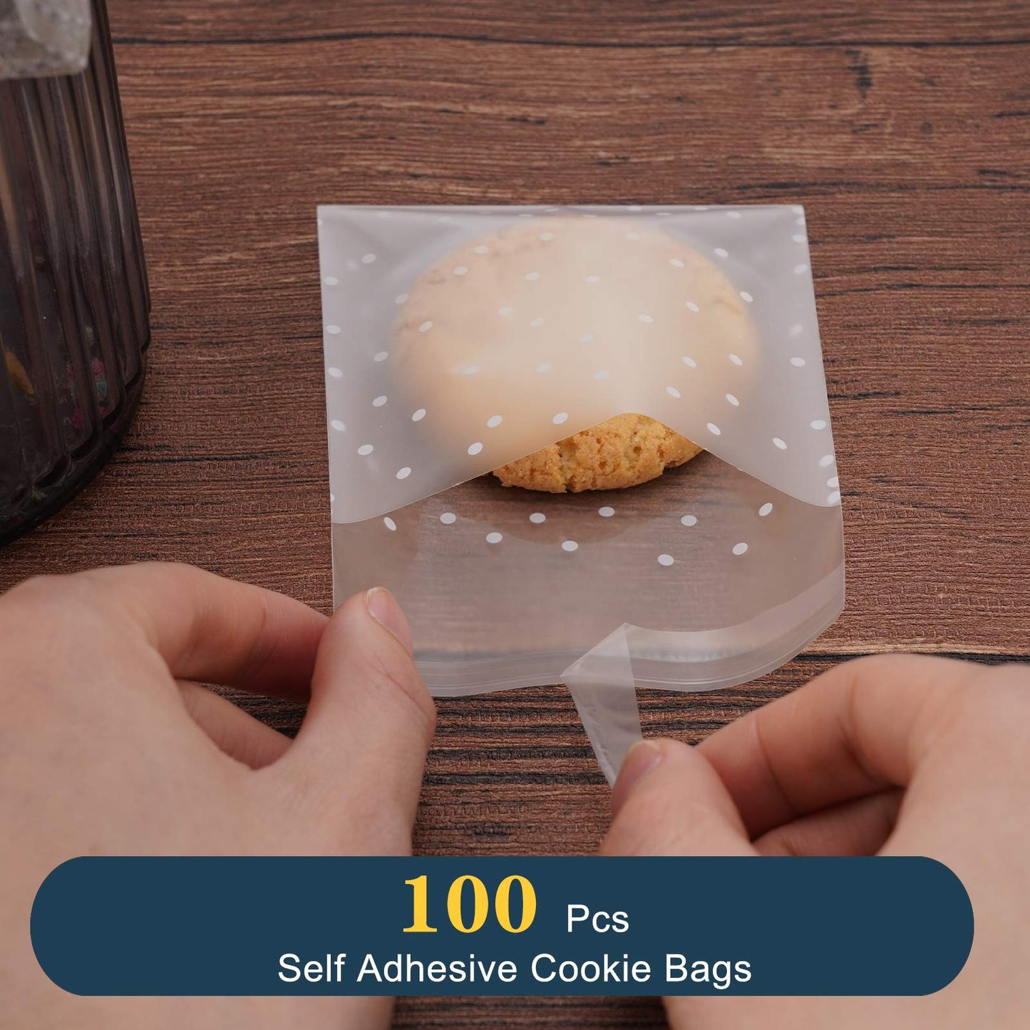 FLYTT Self Adhesive Cookie Bags, White Polka Dot Individual Resealable Cellophane Treat Bags with Thank You Stickers for Gift Giving (3.9''x3.9'', 100 Pcs)
