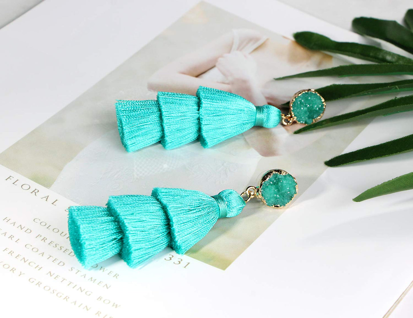 Me&Hz Fashion Layered Tassel Dangle Earrings Statement Lightweight Drop Earrings Hypoallergenic Studs for Women Turquoise Green
