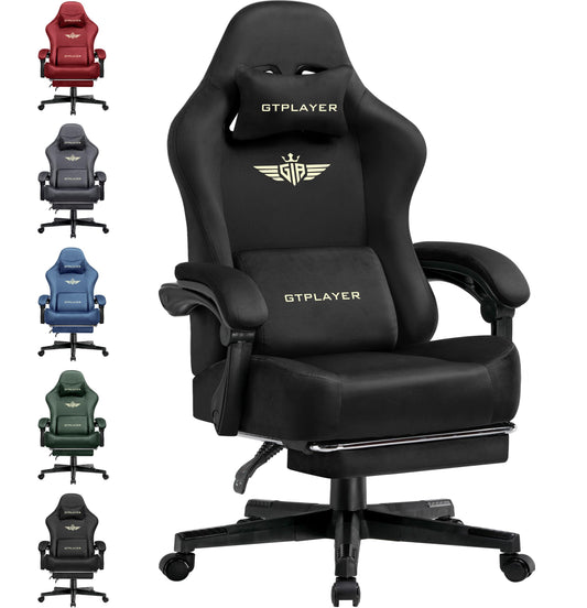 GTPLAYER Big and Tall Gaming Chair Fabric with Pocket Spring Cushion, High Back Ergonomic Computer Chair with Footrest for Adults Lumbar Support Swivel Game Chair for Office Gaming 350LBS, Black