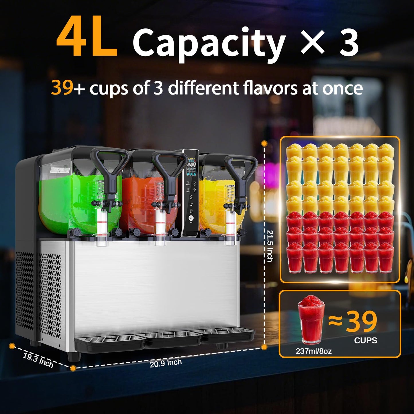 Commercial Slushie Machine, 1.05 Gallons x 3 Tank Frozen Margarita Machine with LED Lights for Business Birthday Party, 580W Slush Machine with Auto Clean for Margaritas Frozen Cocktails