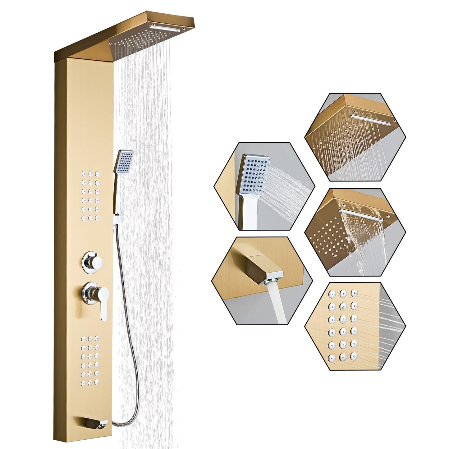 HSYLYPA Shower Panel Tower System 5-in-1 Shower Panel Tower with Powerful Body Massage, Rainfall, Waterfall,Handheld and Tub Spout, Stainless Steel Shower Column - Brushed Gold