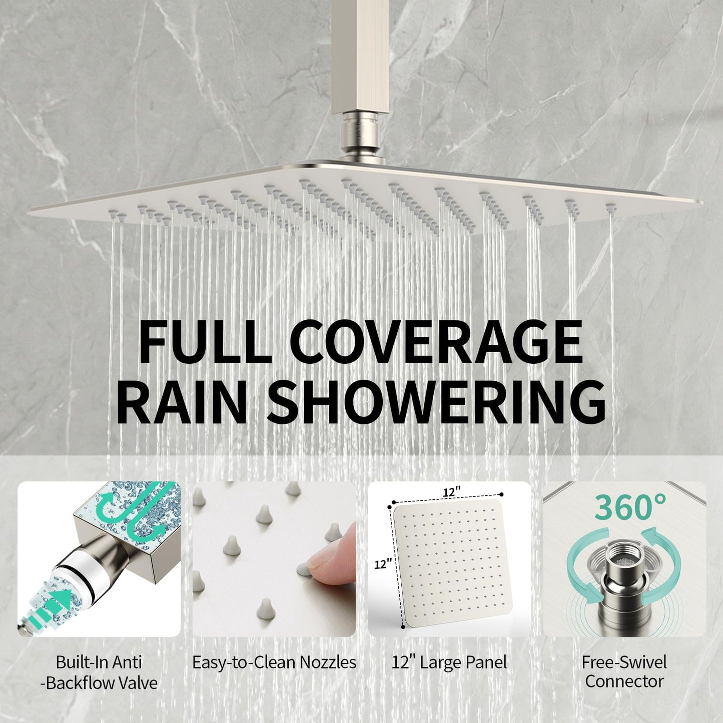 SR SUN RISE 12 Inch Ceiling Mount Brushed Nickel Shower System Bathroom Luxury Rain Mixer Shower Combo Set Ceiling Rainfall Shower Head System Faucet Trim Repair Kits with Rough-in Valve and Trim