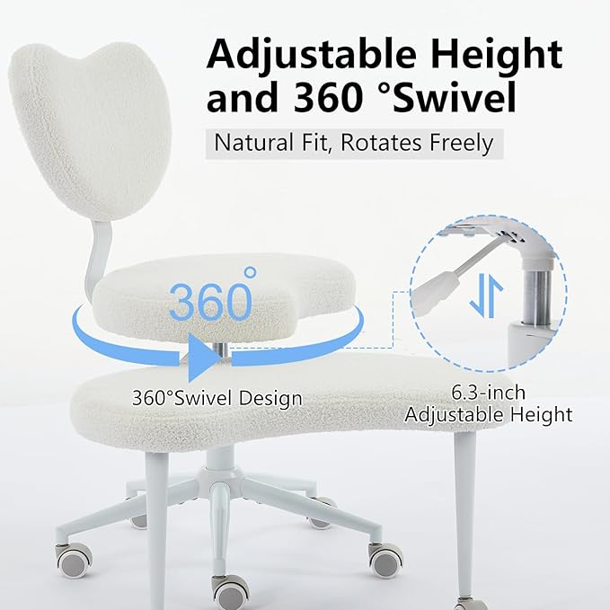 Cross Legged Office Chair with Wheels–360°Swivel Meditation Chair, Adjustable Height Yoga Office Chair for Adults, Ergonomic Kneeling Chair with Back Support for ADHD, Teddy Fabric, Ivory