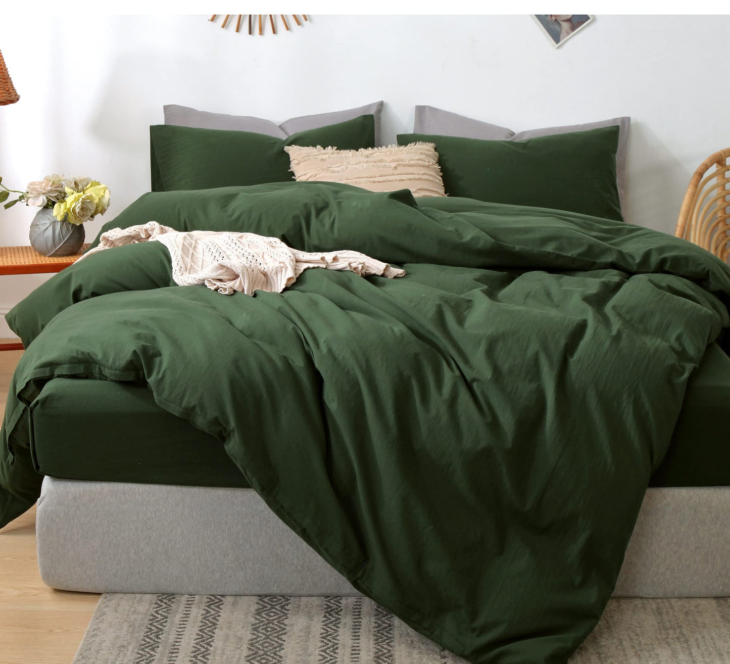 MooMee Bedding Duvet Cover Set 100% Washed Cotton Linen Like Textured Breathable Durable Soft Comfy (Solid Forest Green, Queen 90"x90")