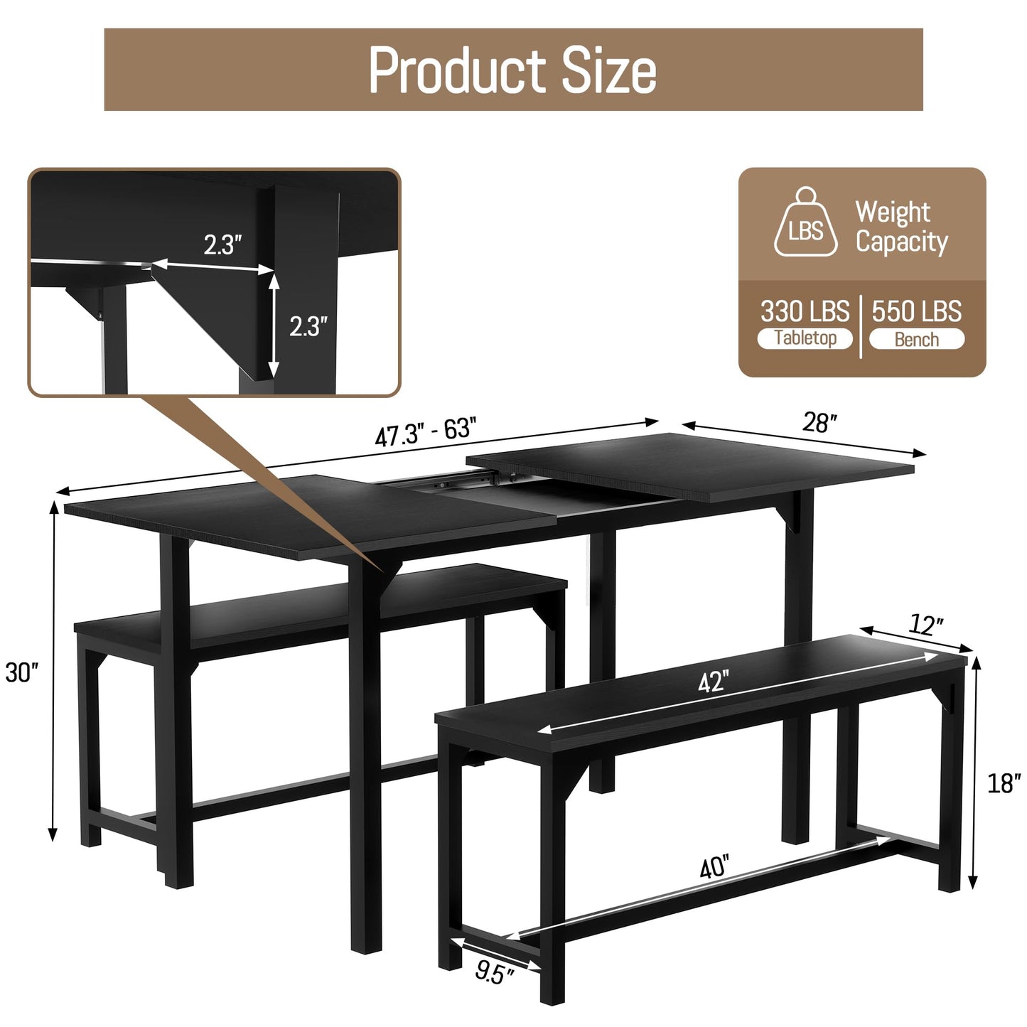 TOLEAD 63 Inch Dining Table Set for 4-8, 3-Piece Extendable Kitchen Table Set with 2 Benches, Metal Frame & Wood Board, Space-Saving Breakfast Dining Room Table Set for Home Kitchen, Black