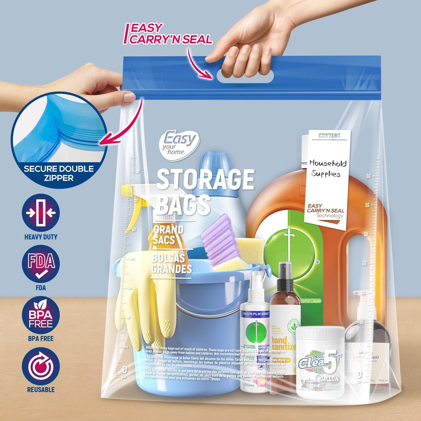 EASYYOURHOME 5PCS 5 Gallon Zipper Lock Plastic Bags with Handle and bottom,18"x23"+7",Extra Large Size Reusable Storage Bag with Double Zip for Clothing,Travel,Moving,Beach,BPA-Free,3-Mil Thick