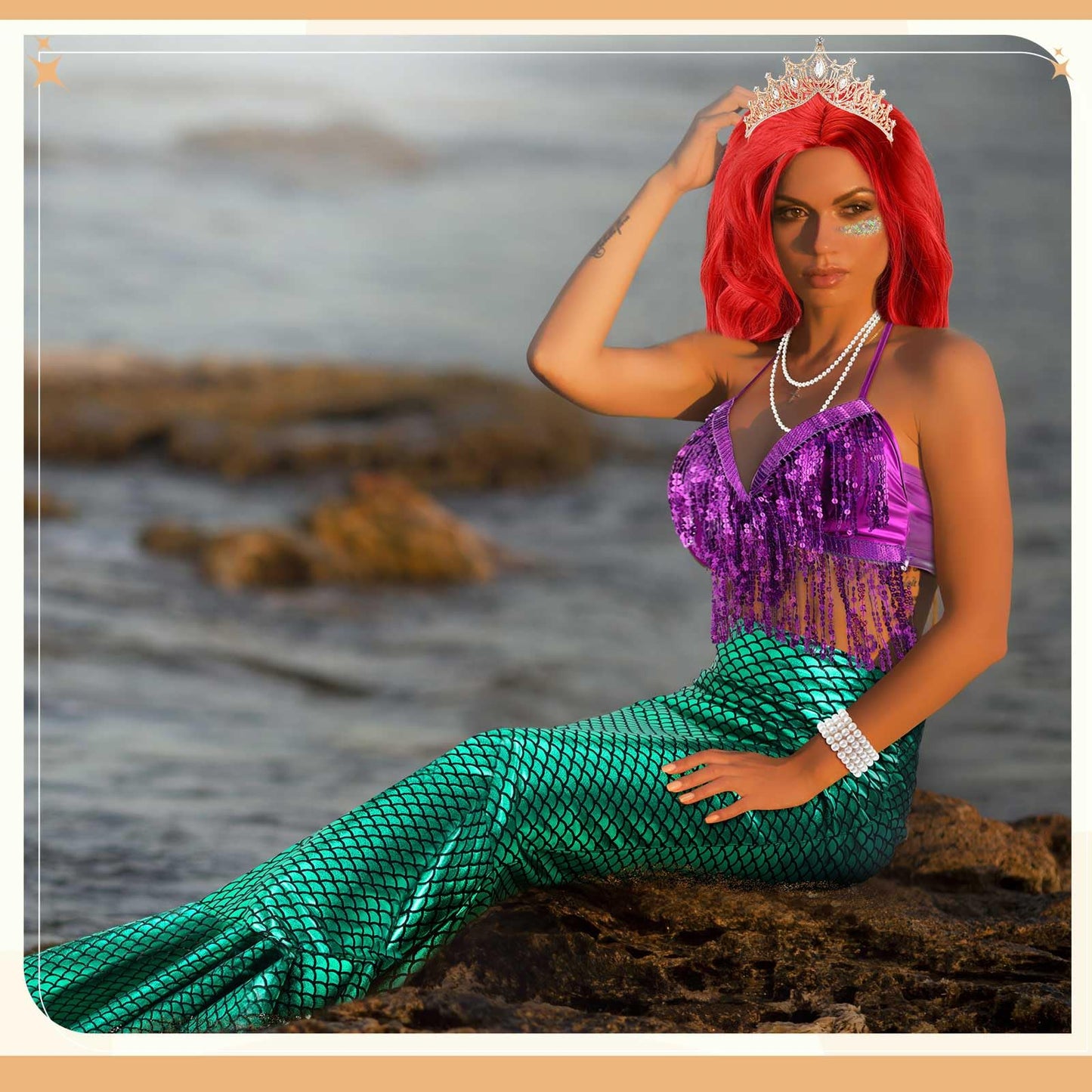 Croknit 8 Pcs Mermaid Costume for Women Halloween Costumes Sparkly Sequins Top Mermaid Skirt Wig Princesses Dress for Adults(Green,X-Large)