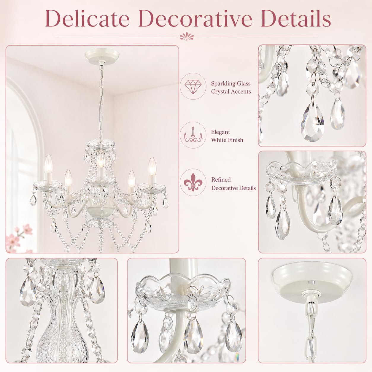 Antique House Small White 5-Light Crystal Chandelier, Modern Glass Chandelier Lighting Fixture, Small Chandelier for Bedroom, Dining Room, Living Room, Kitchen, Foyer, Girls Room Ceiling Light