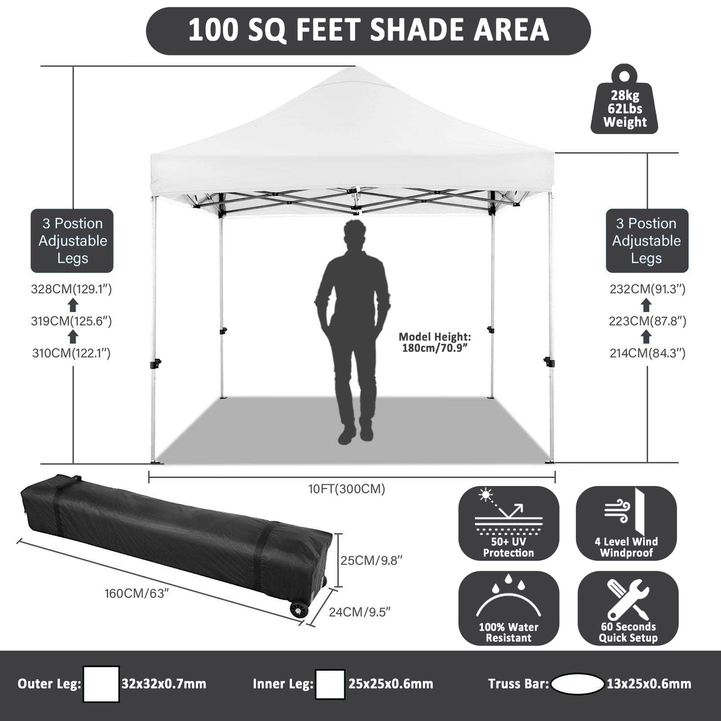 COBIZI 10x10 Pop Up Canopy with 4 Sidewall,Heavy Duty Canopy UPF 50+ All Season Wind Waterproof Commercial Outdoor Wedding Party Tents for Parties Canopy Gazebo with Roller Bag (10 x 10 ft White)