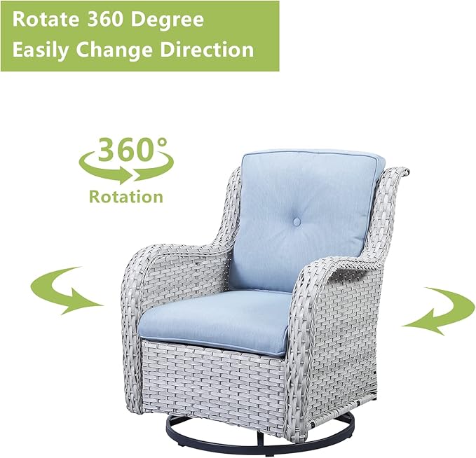 Rilyson Patio Chairs Rocking Swivel Chiar - 3 Piece Outdoor Wicker Patio Bistro Set Rattan Rocker Glider Chairs with High Back and Deep Seating for Outside Porch Deck Garden(Light Grey/Sky Blue)