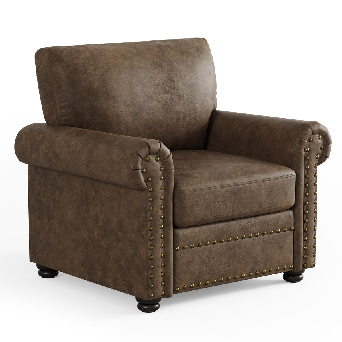ONBRILL Faux Leather Accent Chair, Nailhead Trim Armchair for Living Room, Rolled Arms Single Sofa Chair, Springs Cushions, Solid Wood Legs, Comfy Upholstered Club Chair for Bedroom, Apartment, Brown