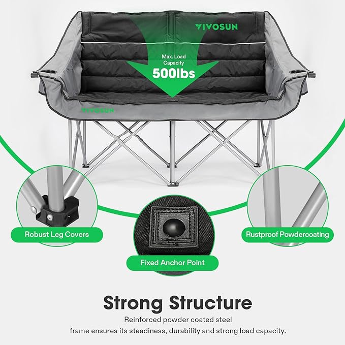 VIVOSUN Double Camping Chair, Fully Padded Folding Loveseat, Oversized Duo Chair with Cup & Wine Glass Holders, Pocket, Armrests & Carry Bag