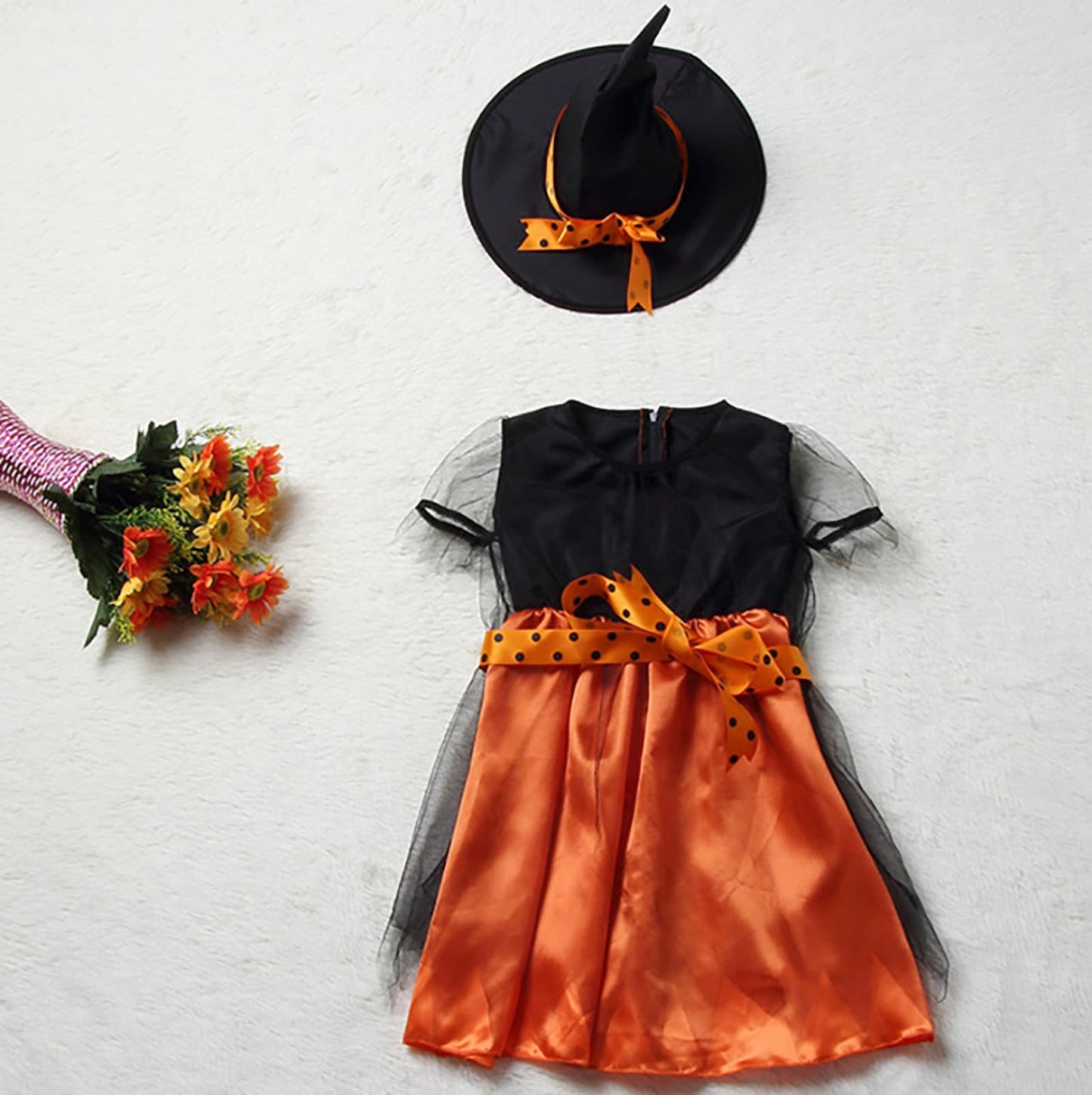 JIFRE Cute Children Halloween Orange Witch Costume for Girls, Toddler Infant Baby Halloween Costume Outfit Cosplay (Orange Small Witch, 1-2Y, 1-2T)