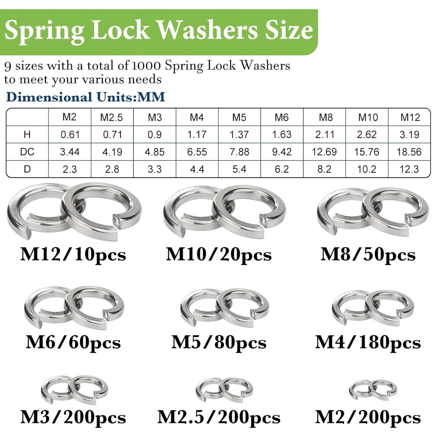 Vifmy Spring Lock Washers Assortment Kit(1000 Pack), M2 M2.5 M3 M4 M5 M6 M8 M10 M12 Metric Split Lock Washer Set,304 Stainless Steel Lock Washers for Screws Bolts