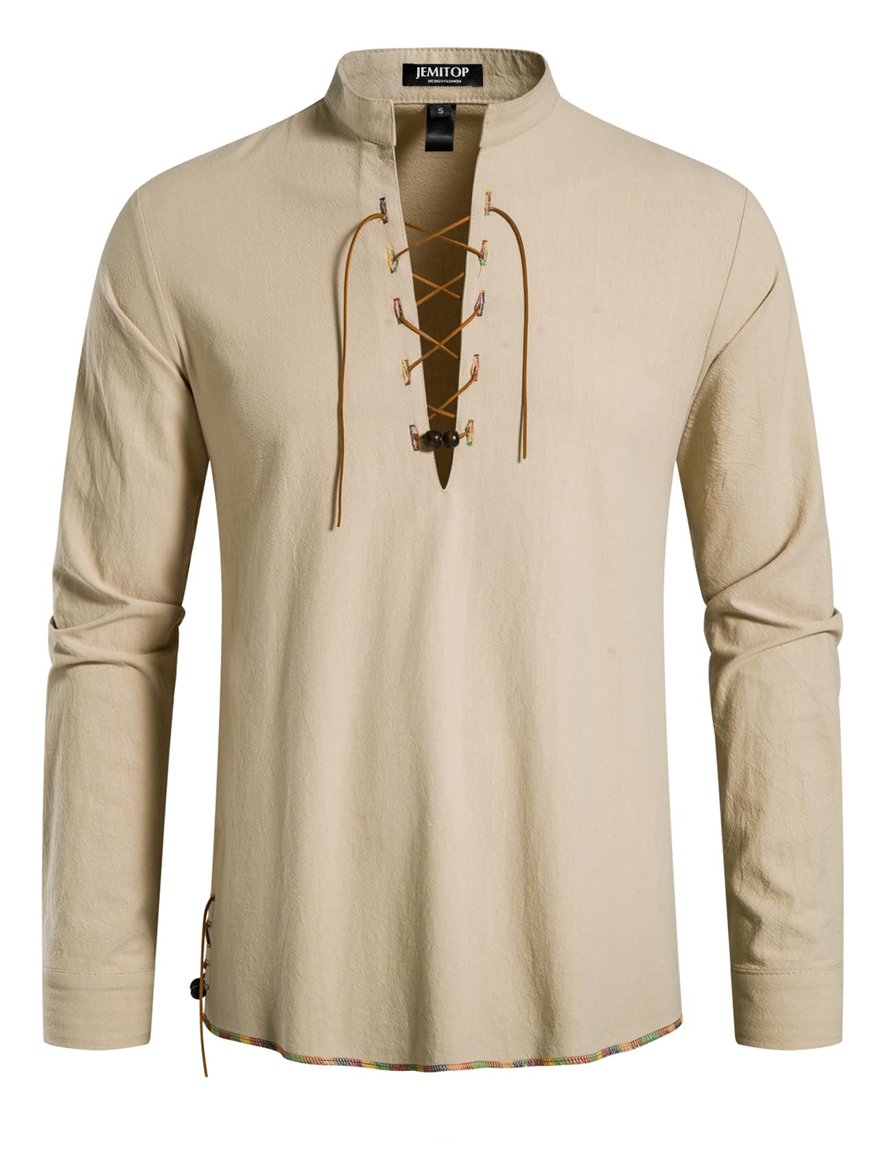 JEMITOP Men's Vintage Renaissance Costume Long Sleeve Lace Up Shirts for Pirate Viking Medieval Vampire Halloween Cosplay Clothing Khaki-D L