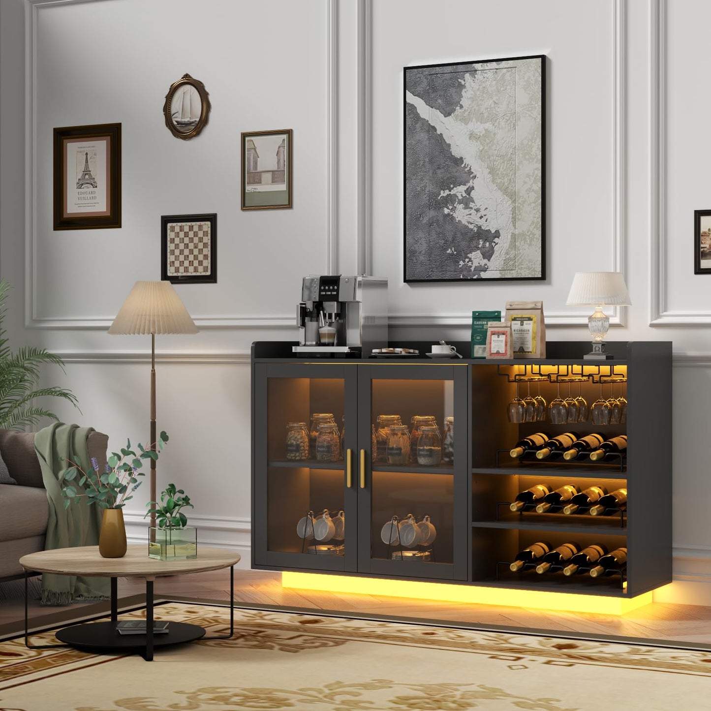 Loomie Wine Bar Cabinet with LED Lights, Floating Coffee Bar with Glass Rack and Removable Wine Racks, Modern Buffet Sideboard with Storage Shelves, Kithchen Bar with Glass Cabinet Doors, Black