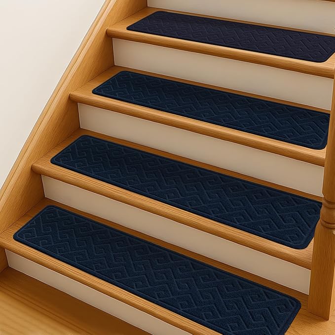 Stair Treads for Wooden Steps, 8" X 30" Non Slip Stair Runner Carpet Indoor with Reusable Adhesive Backing, Soft Tread Mat for Stairs, Polyester TPR Backing Stair Rugs-Navy Blue 15 Pack